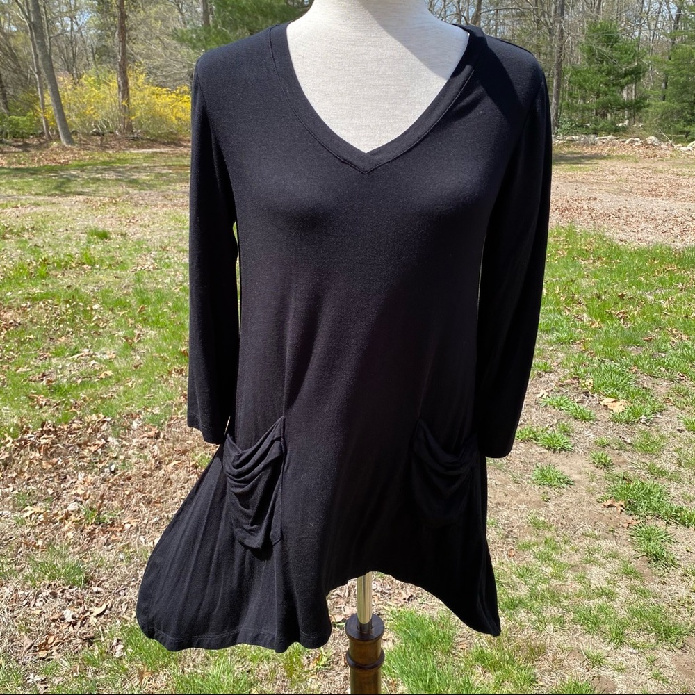 LOGO LORI GOLDSTEIN TOP TUNIC BLACK V-NECK 3/4 SLEEVE Size XS